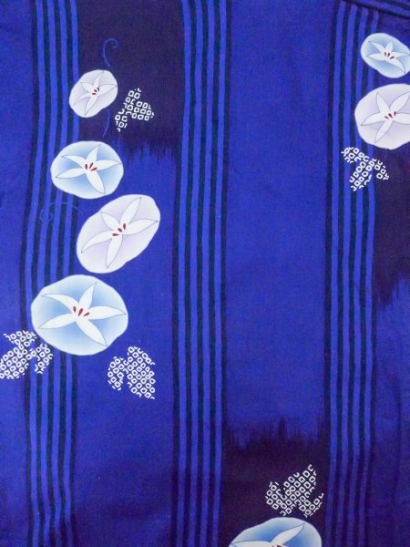 Photo3: O0301D Used Japanese kimono  Dark Blue YUKATA summer(made in Other than Japan) for women / Cotton. Flower,   (Grade B) (3)