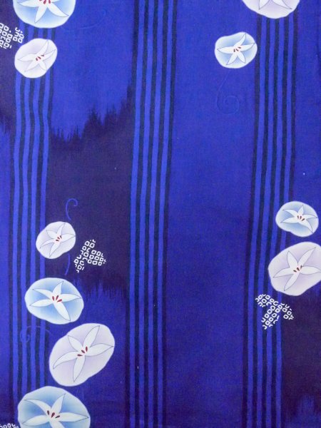 Photo4: O0301D Used Japanese kimono  Dark Blue YUKATA summer(made in Other than Japan) for women / Cotton. Flower,   (Grade B) (4)