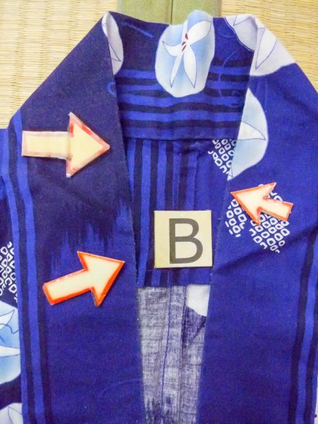 Photo15: O0301D Used Japanese kimono  Dark Blue YUKATA summer(made in Other than Japan) for women / Cotton. Flower,   (Grade B) (15)