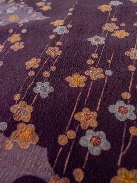 Photo10: O0312A Used Japanese kimono  Dark Purple KOMON dyed for women / Silk. UME plum bloom,   (Grade B) (10)