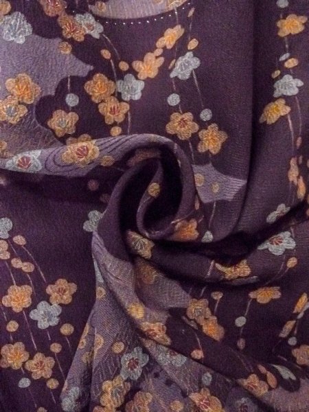 Photo11: O0312A Used Japanese kimono  Dark Purple KOMON dyed for women / Silk. UME plum bloom,   (Grade B) (11)