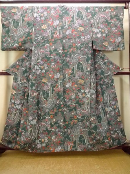 Photo1: Mint O0312B Used Japanese kimono  Dark Green KOMON dyed for women / Silk. Peony,   (Grade A) (1)