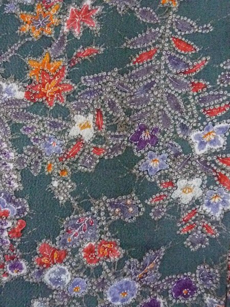 Photo7: Mint O0312B Used Japanese kimono  Dark Green KOMON dyed for women / Silk. Peony,   (Grade A) (7)