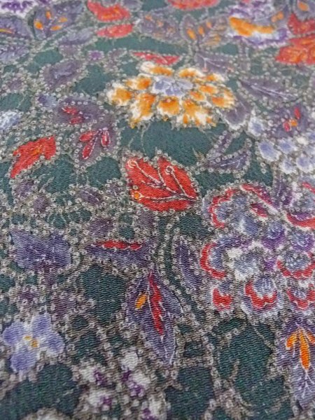 Photo8: Mint O0312B Used Japanese kimono  Dark Green KOMON dyed for women / Silk. Peony,   (Grade A) (8)
