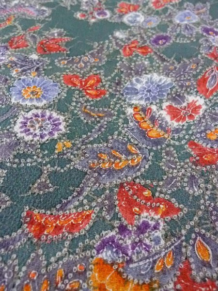 Photo9: Mint O0312B Used Japanese kimono  Dark Green KOMON dyed for women / Silk. Peony,   (Grade A) (9)