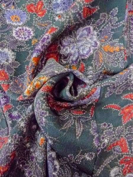 Photo12: Mint O0312B Used Japanese kimono  Dark Green KOMON dyed for women / Silk. Peony,   (Grade A) (12)