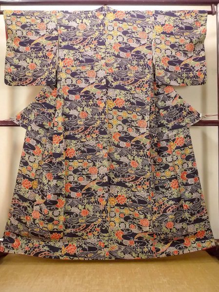 Photo1: Mint O0312G Used Japanese kimono   Indigo Blue KOMON dyed for women / Silk. UME plum bloom,   (Grade A) (1)