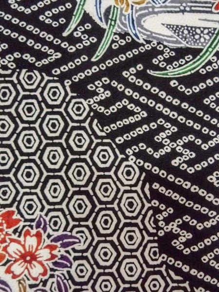Photo6: O0312J Vintage Japanese kimono   Black KOMON dyed for women / Silk. SAKURA cherry blossom,   (Grade B) (6)