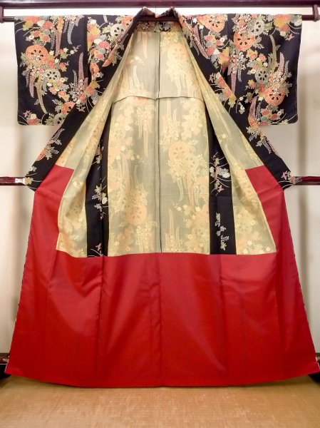 Photo2: O0312K Used Japanese kimono   Black HITOE unlined for women / Synthetic. Flower,   (Grade B) (2)