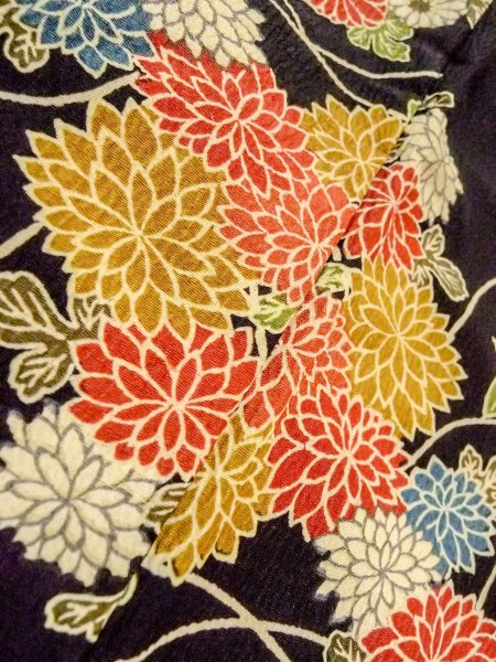 Photo9: O0312K Used Japanese kimono   Black HITOE unlined for women / Synthetic. Flower,   (Grade B) (9)