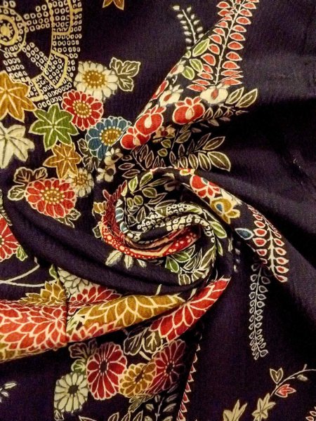 Photo12: O0312K Used Japanese kimono   Black HITOE unlined for women / Synthetic. Flower,   (Grade B) (12)