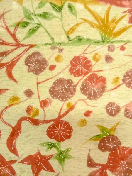 Photo7: O0312L Vintage Japanese kimono Pale Light Yellow KOMON dyed for women / Silk. UME plum bloom,   (Grade B) (7)