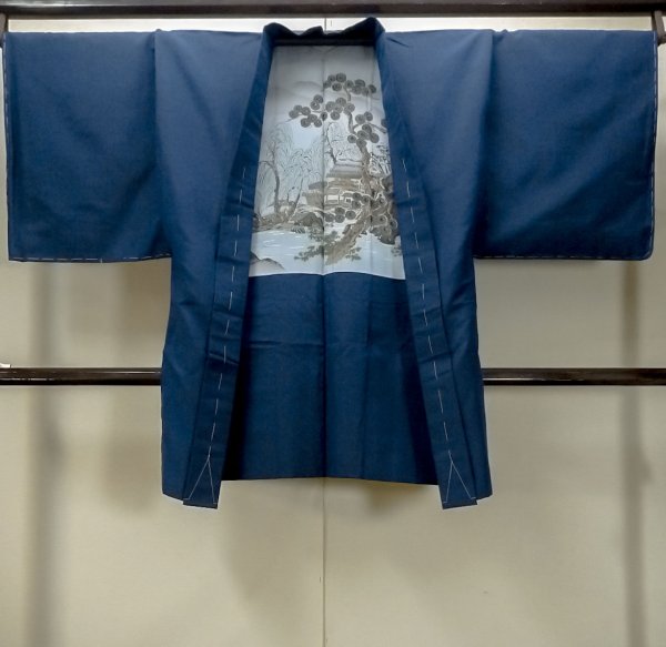Photo1: Mint O0312P Used Japanese kimono  Dark Navy Blue Men's Haori for men / Silk.    (Grade A) (1)