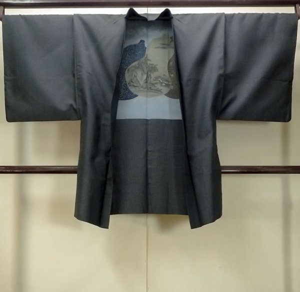 Photo1: O0312V Used Japanese kimono  Dark Indigo Blue Men's Haori for men / Silk. Tortoise-shell pattern(Hexagonal pattern)   (Grade C) (1)