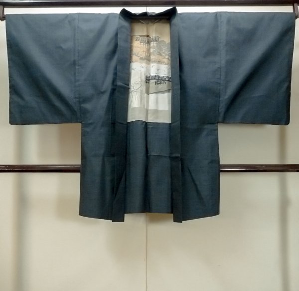 Photo1: O0313B Used Japanese kimono   Navy Blue OSHIMA-TSUMUGI for men / Silk. Tortoise-shell pattern(Hexagonal pattern)   (Grade B) (1)