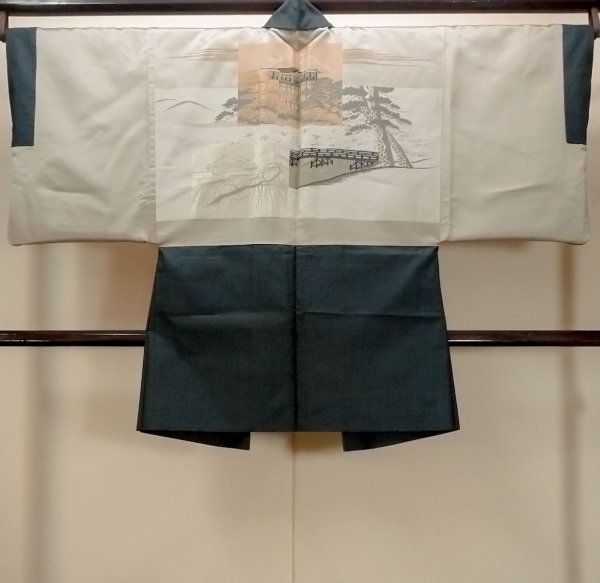 Photo3: O0313B Used Japanese kimono   Navy Blue OSHIMA-TSUMUGI for men / Silk. Tortoise-shell pattern(Hexagonal pattern)   (Grade B) (3)