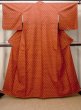 Photo1: Mint O0328A Vintage Japanese kimono  Vivid Vermilion TSUMUGI pongee for women / Silk. Cross   (Grade A) (1)