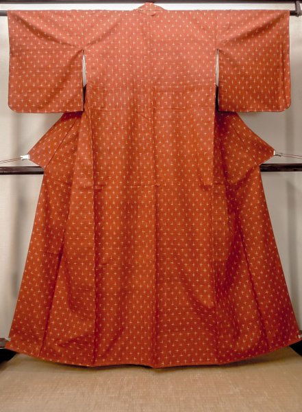 Photo1: Mint O0328A Vintage Japanese kimono  Vivid Vermilion TSUMUGI pongee for women / Silk. Cross   (Grade A) (1)