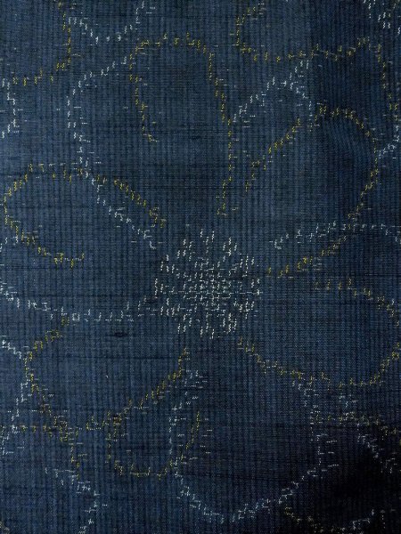 Photo6: O0328D Used Japanese kimono   Navy Blue TOKAMACHI-TSUMUGI for women / Silk. Chrysanthemum,   (Grade B) (6)
