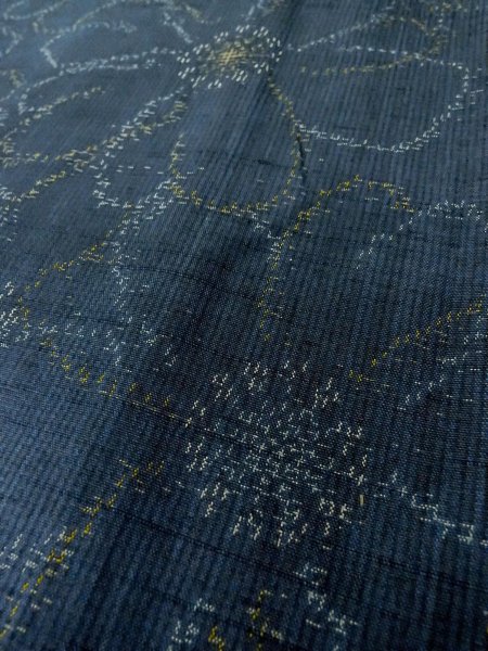 Photo8: O0328D Used Japanese kimono   Navy Blue TOKAMACHI-TSUMUGI for women / Silk. Chrysanthemum,   (Grade B) (8)