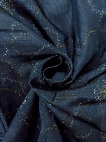 Photo12: O0328D Used Japanese kimono   Navy Blue TOKAMACHI-TSUMUGI for women / Silk. Chrysanthemum,   (Grade B) (12)