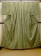 Photo1: Mint O0328G Vintage Japanese kimono  Grayish Yellowish Green TSUMUGI pongee for women / Silk. Stripes   (Grade A) (1)
