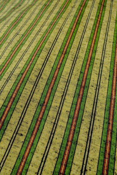 Photo7: Mint O0328G Vintage Japanese kimono  Grayish Yellowish Green TSUMUGI pongee for women / Silk. Stripes   (Grade A) (7)