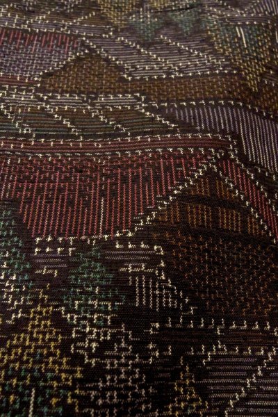 Photo9: O0328H Vintage Japanese kimono  Dark Multi Color ORI woven for women / Silk. House,   (Grade D) (9)