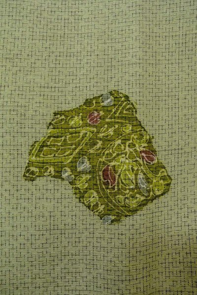 Photo6: O0328M Vintage Japanese kimono  Pale Green TSUMUGI pongee for women / Silk. Flower,   (Grade B) (6)