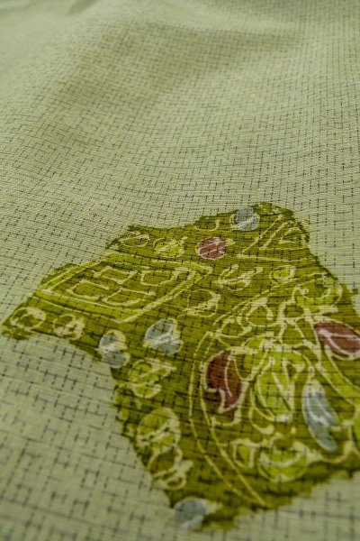 Photo10: O0328M Vintage Japanese kimono  Pale Green TSUMUGI pongee for women / Silk. Flower,   (Grade B) (10)