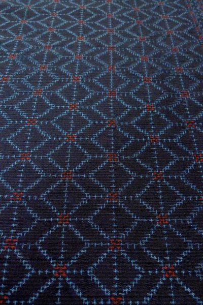 Photo10: O0328Q Vintage Japanese kimono Dark Indigo Blue TOKAMACHI-TSUMUGI for women / Silk. Geometrical pattern (Grade B) (10)