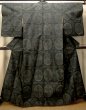 Photo1: Mint O0328W Used Japanese kimono Dark Gray TSUMUGI pongee for women / Silk. Chinz pattern (Grade A) (1)
