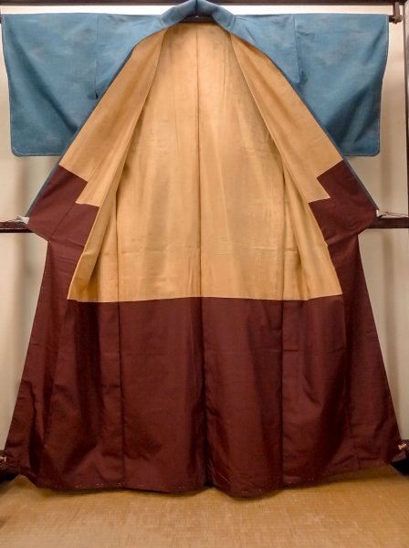 Photo2: Mint O0329B Vintage Japanese kimono Grayish Blue TSUMUGI pongee for women / Silk. Stripes (Grade A) (2)