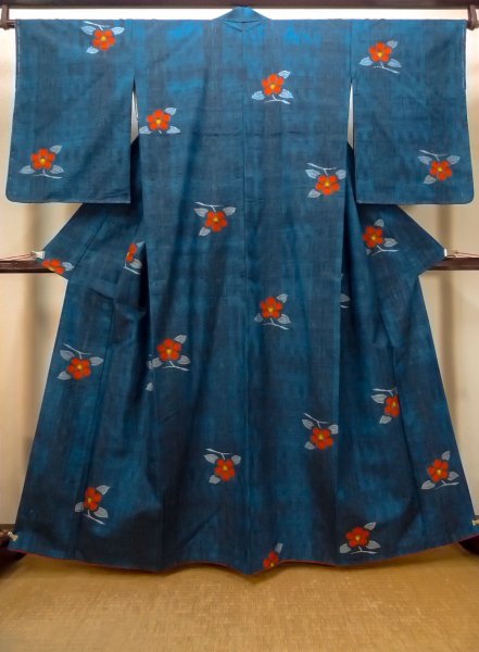 Photo1: Mint O0329D Vintage Japanese kimono Indigo Blue TSUMUGI pongee for women / Silk. Camellia (Grade A) (1)