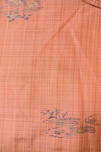 Photo3: O0329E Vintage Japanese kimono Light Coral TSUMUGI pongee for women / Silk. MOMIJI maple leaf (Grade C) (3)