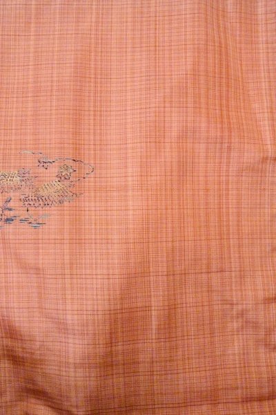 Photo4: O0329E Vintage Japanese kimono Light Coral TSUMUGI pongee for women / Silk. MOMIJI maple leaf (Grade C) (4)