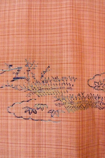 Photo5: O0329E Vintage Japanese kimono Light Coral TSUMUGI pongee for women / Silk. MOMIJI maple leaf (Grade C) (5)