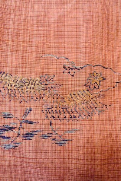 Photo6: O0329E Vintage Japanese kimono Light Coral TSUMUGI pongee for women / Silk. MOMIJI maple leaf (Grade C) (6)