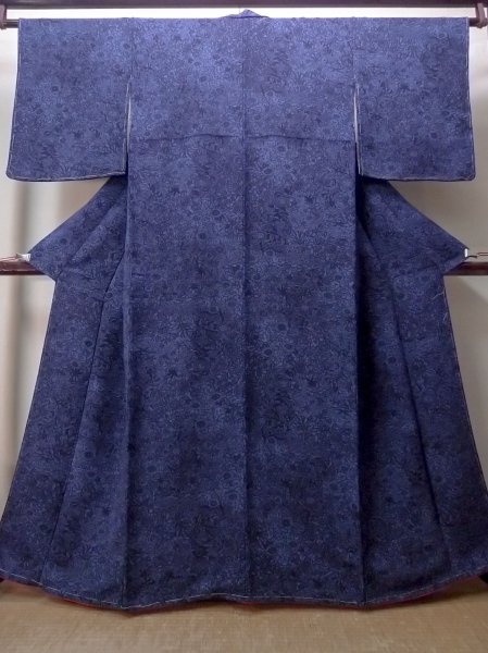 Photo1: Mint O0419A Used Japanese kimono  Dark Indigo Blue KOMON dyed for women / Silk. Chrysanthemum,   (Grade A) (1)