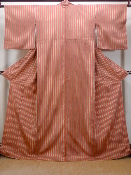 Photo1: Mint O0419B Vintage Japanese kimono  Pale Orange ORI woven for women / Silk. Stripes   (Grade A) (1)