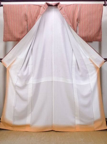 Photo2: Mint O0419B Vintage Japanese kimono  Pale Orange ORI woven for women / Silk. Stripes   (Grade A) (2)