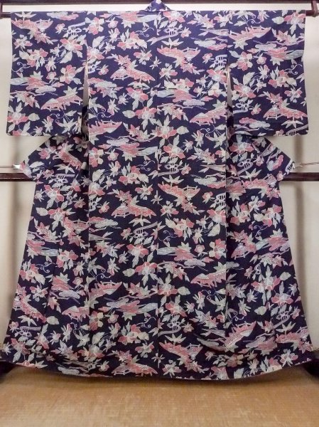 Photo1: O0419L Vintage Japanese kimono  Dark Indigo Blue KOMON dyed for women / Silk. Peony, Stains/Soils all over.  (Grade C) (1)