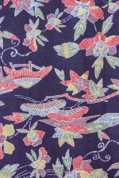 Photo4: O0419L Vintage Japanese kimono  Dark Indigo Blue KOMON dyed for women / Silk. Peony, Stains/Soils all over.  (Grade C) (4)
