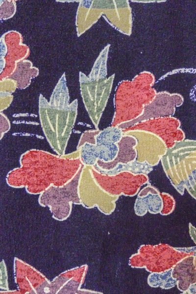 Photo5: O0419L Vintage Japanese kimono  Dark Indigo Blue KOMON dyed for women / Silk. Peony, Stains/Soils all over.  (Grade C) (5)