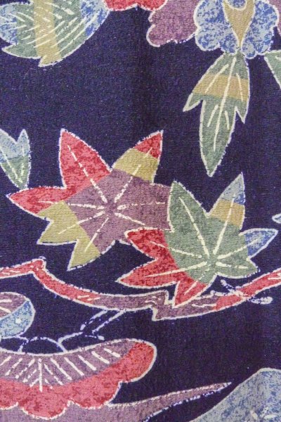 Photo6: O0419L Vintage Japanese kimono  Dark Indigo Blue KOMON dyed for women / Silk. Peony, Stains/Soils all over.  (Grade C) (6)