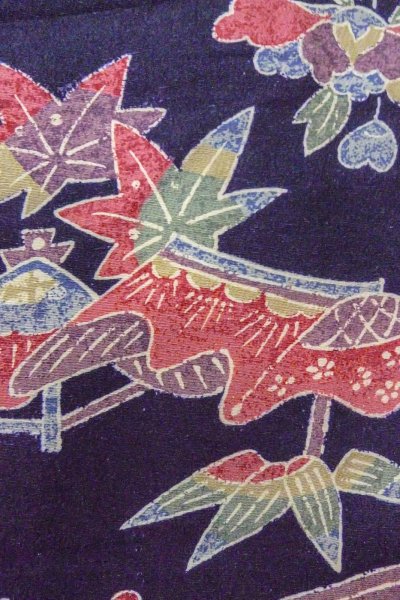 Photo7: O0419L Vintage Japanese kimono  Dark Indigo Blue KOMON dyed for women / Silk. Peony, Stains/Soils all over.  (Grade C) (7)