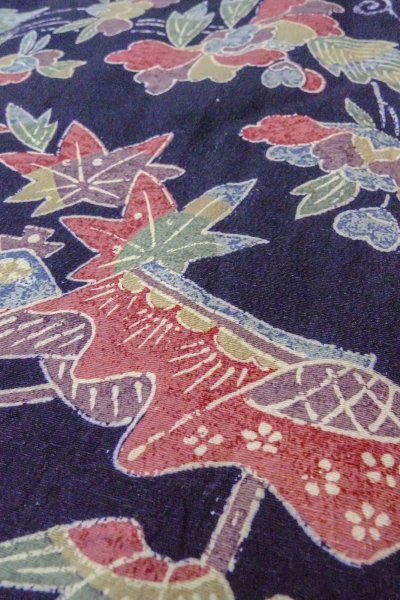 Photo8: O0419L Vintage Japanese kimono  Dark Indigo Blue KOMON dyed for women / Silk. Peony, Stains/Soils all over.  (Grade C) (8)