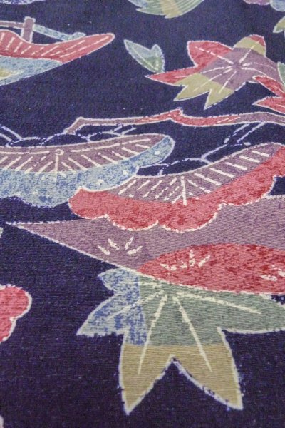 Photo9: O0419L Vintage Japanese kimono  Dark Indigo Blue KOMON dyed for women / Silk. Peony, Stains/Soils all over.  (Grade C) (9)