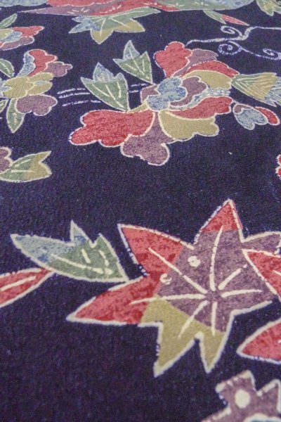 Photo10: O0419L Vintage Japanese kimono  Dark Indigo Blue KOMON dyed for women / Silk. Peony, Stains/Soils all over.  (Grade C) (10)