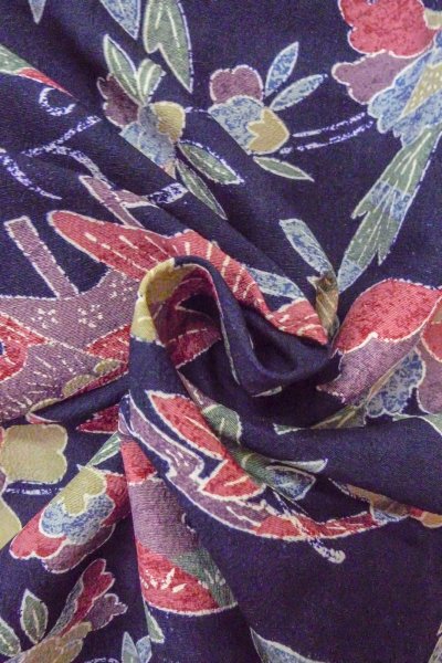 Photo11: O0419L Vintage Japanese kimono  Dark Indigo Blue KOMON dyed for women / Silk. Peony, Stains/Soils all over.  (Grade C) (11)